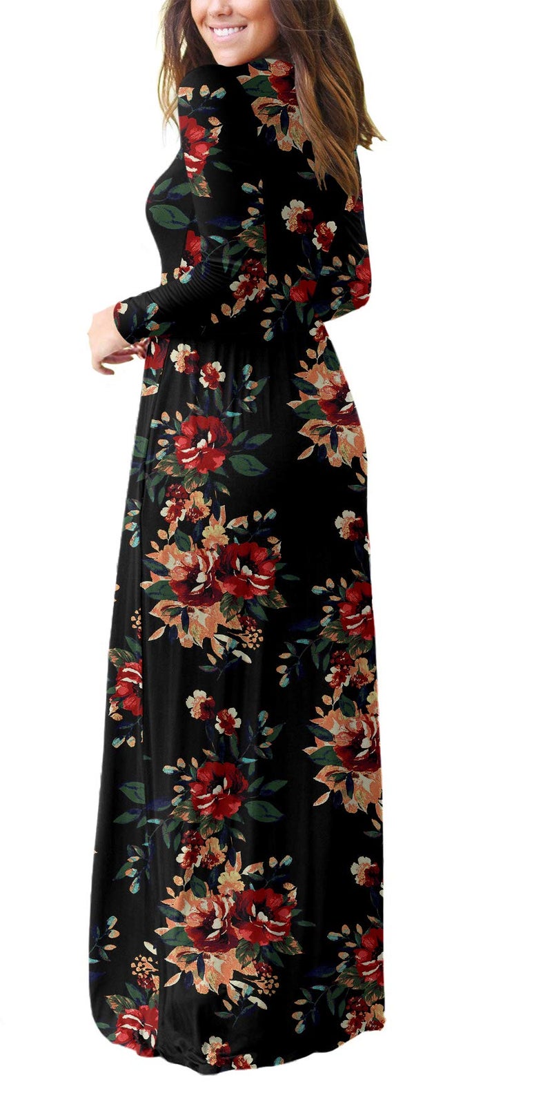 GRECERELLE Women Long Sleeve Casual Round Neck Loose Floral Maxi Long Dress with Pockets, Brown Black, M - Image 3